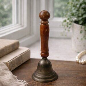 Vintage Brass Hand Bell With Wooden Handle Rustic Farmhouse Decor 8 Inch Classic
